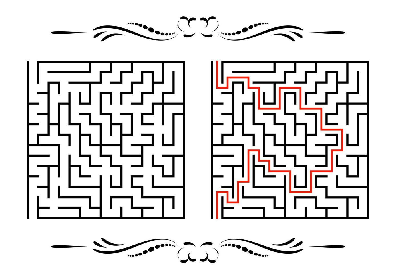Abstract square maze. Game for kids. Puzzle for children. One entrance, one exit. Labyrinth conundrum. Flat vector illustration isolated on white background. With answer. With a vintage border
