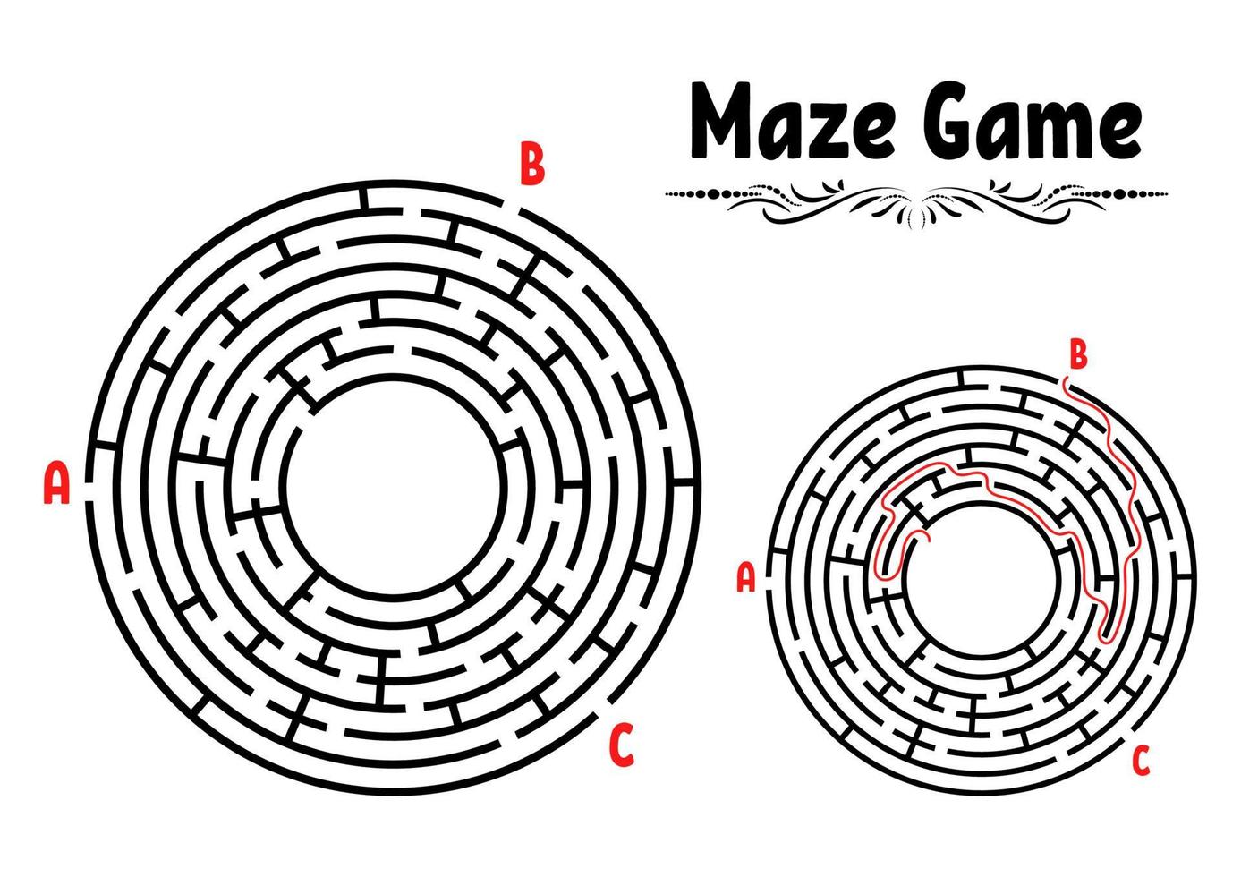 Abstract round maze. Game for kids. Puzzle for children. Labyrinth conundrum. Flat vector illustration isolated on white background. With answer. Vintage style