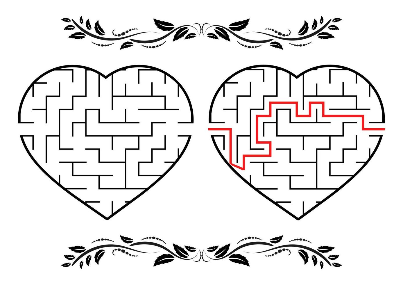 Maze in the shape of a heart. Game for kids. Puzzle for children. Labyrinth conundrum. Flat vector illustration isolated on white background. With answer. Vintage style