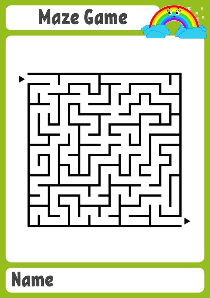 Abstract square maze. Kids worksheets. Game puzzle for children. Funny rainbow on a colored background. One entrances, one exit. Labyrinth conundrum. Vector illustration. With place for name.