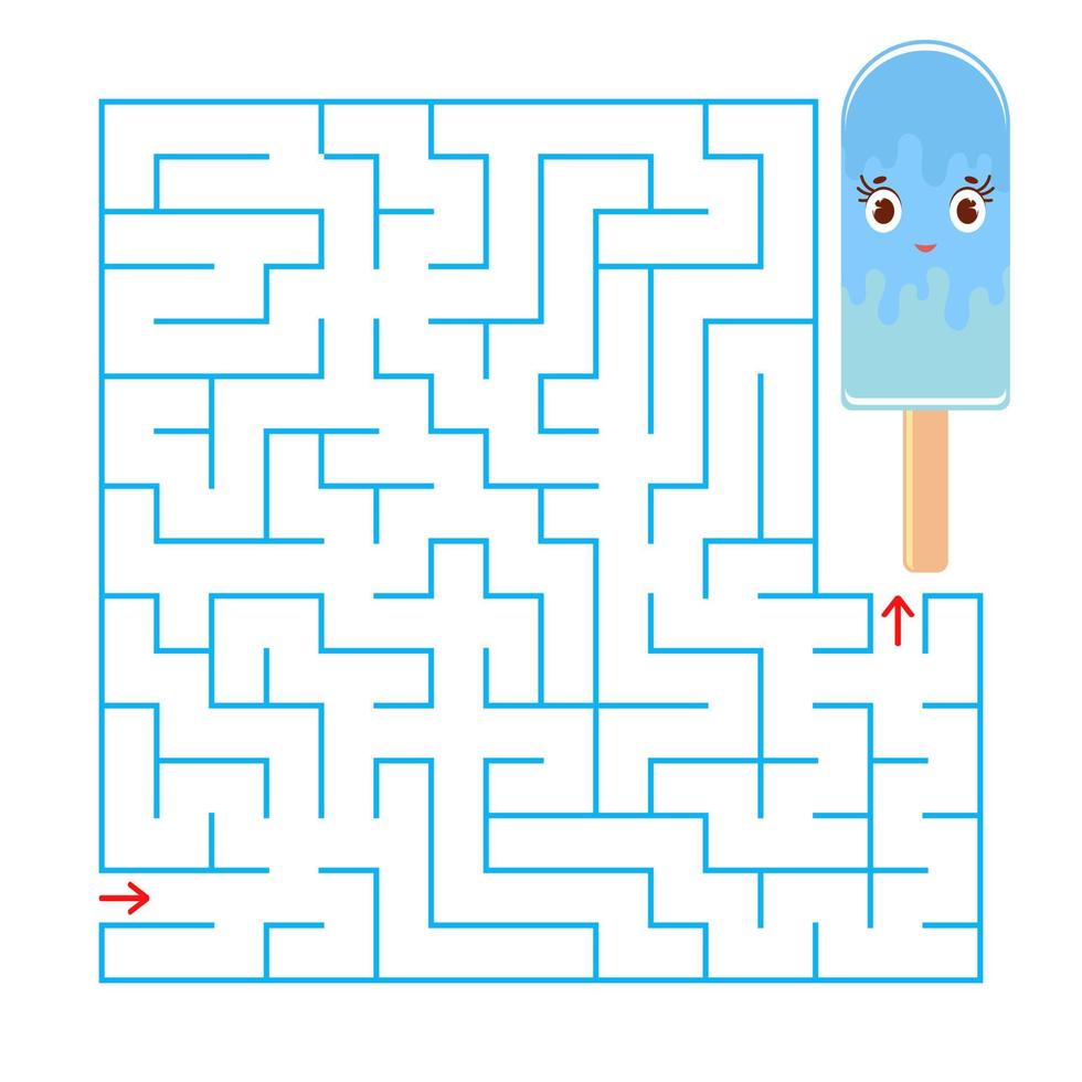 Abstract square maze with a cute color cartoon character. Funny ice cream. An interesting and useful game for children. Simple flat vector illustration isolated on white background.