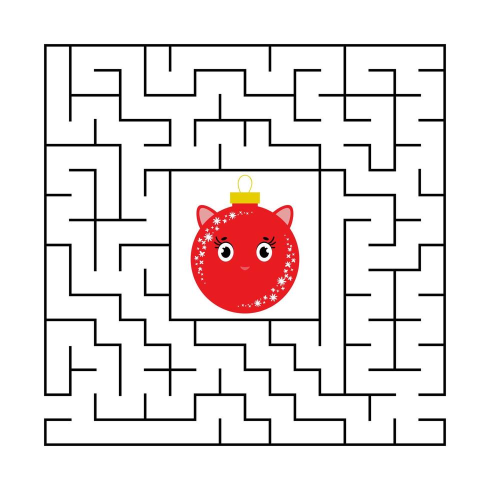 Abstract square maze with a cute color cartoon character. Cute Christmas balls. An interesting and useful game for children. Simple flat vector illustration isolated on white background.