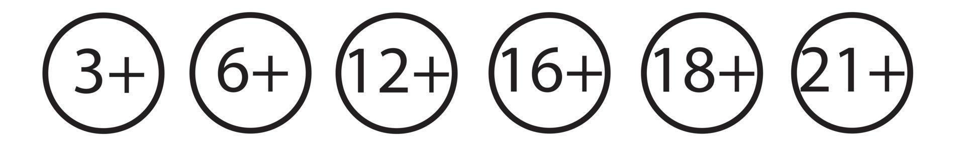 Set of age restriction signs. Marks age limit. Sign for the restriction of the age content. Age limit from six to twenty one. vector