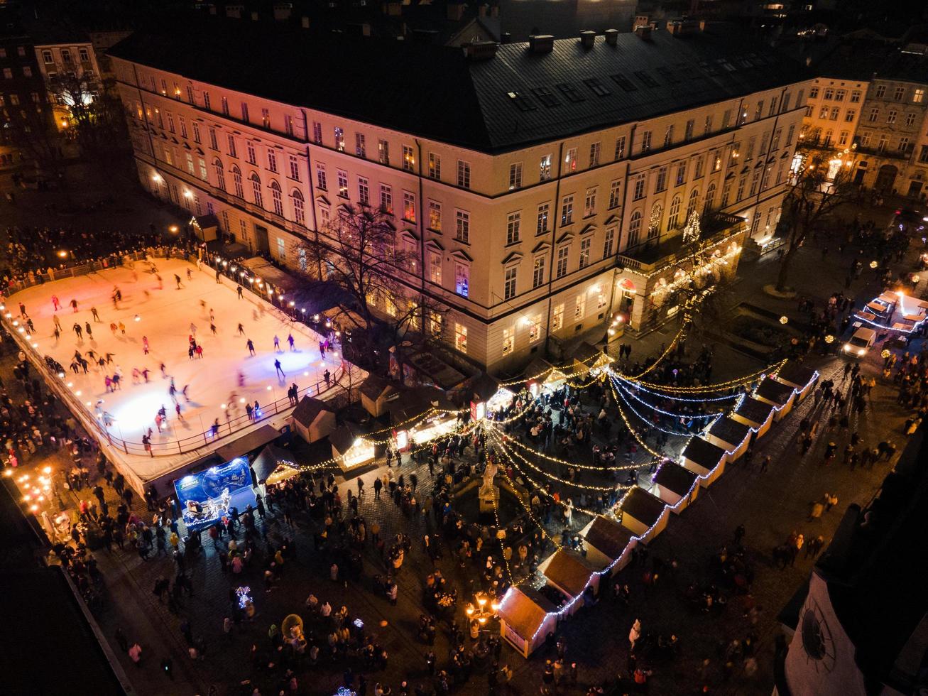 Aerial view of christmas city center with crowd of people photo