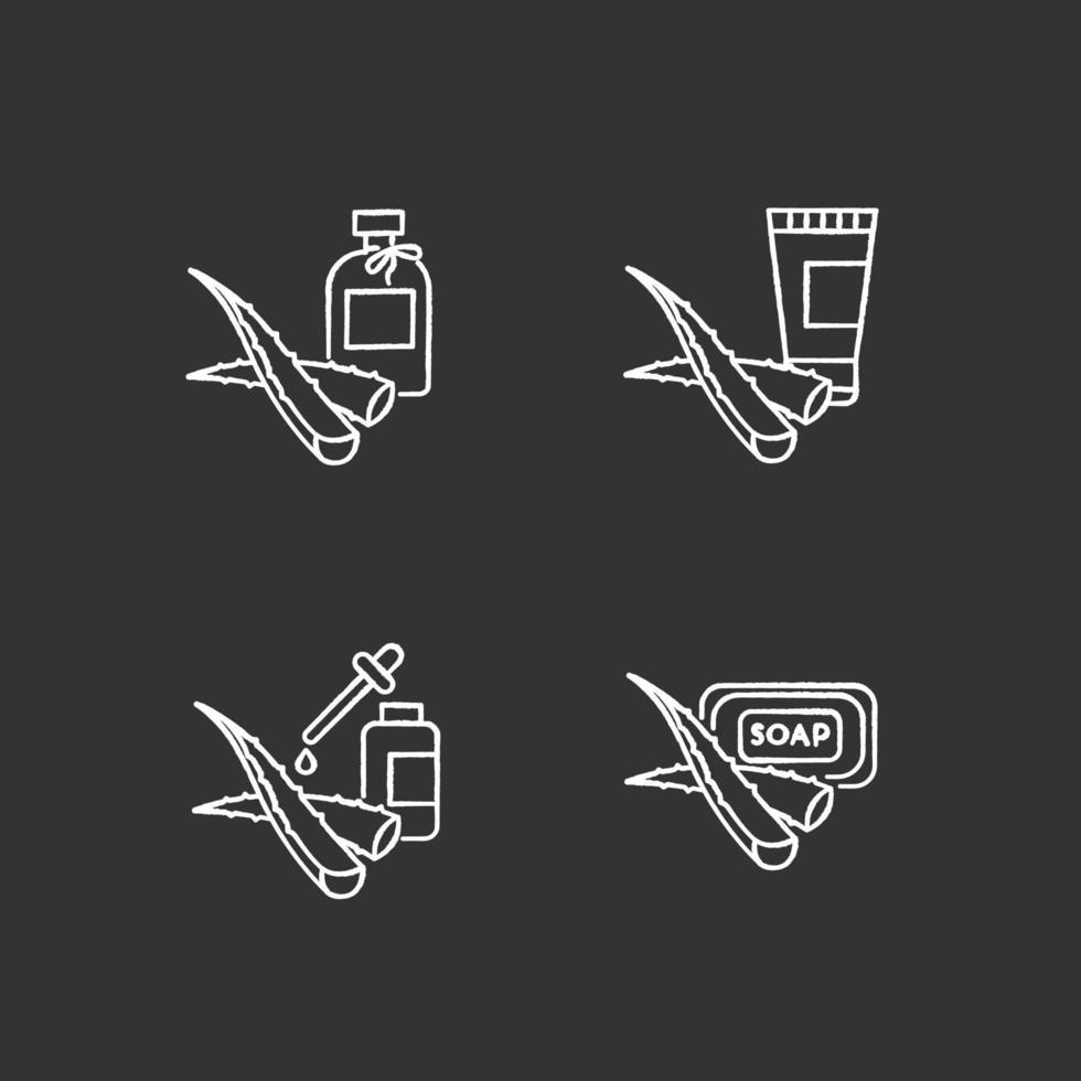 Aloe vera chalk white icons set on black background vector