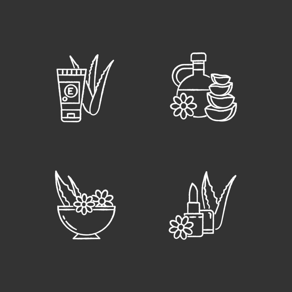 Aloe vera chalk white icons set on black background vector