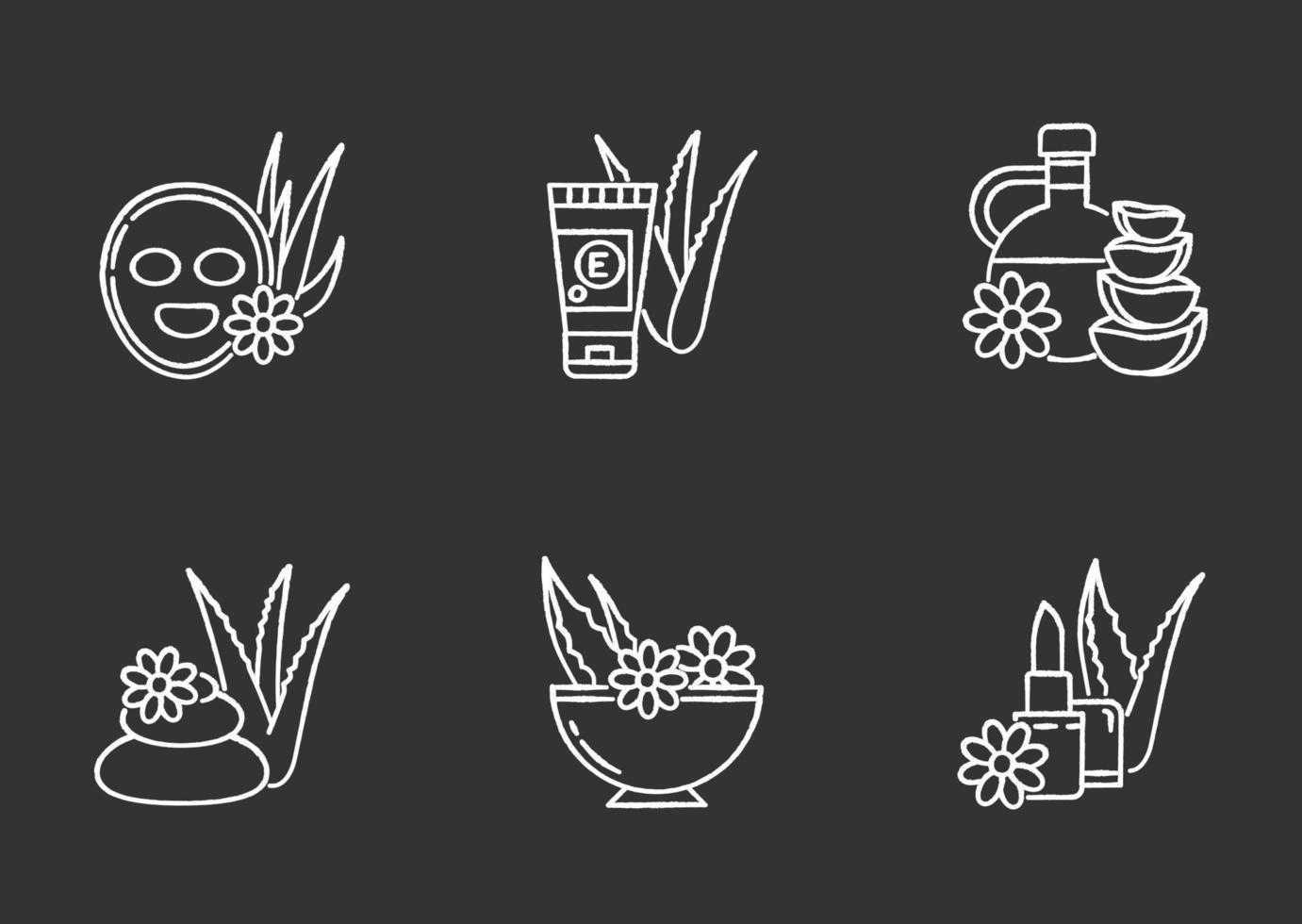 Aloe vera chalk white icons set on black background vector