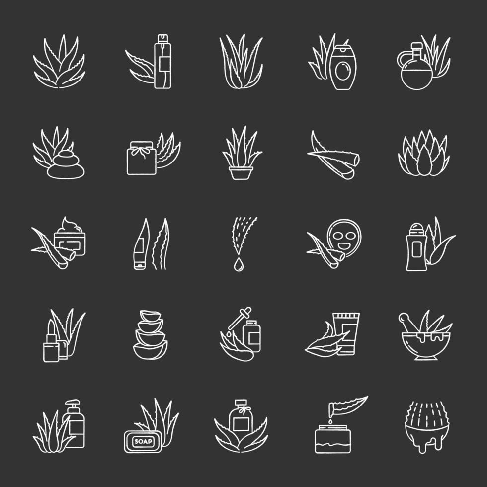 Aloe vera chalk white icons set on black background vector