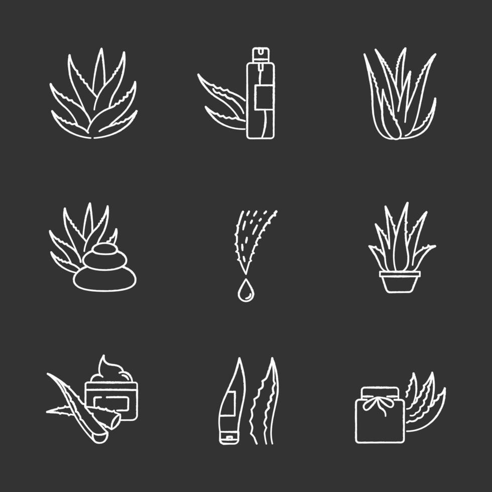 Iconos de tiza blanca de aloe vera en fondo negro vector