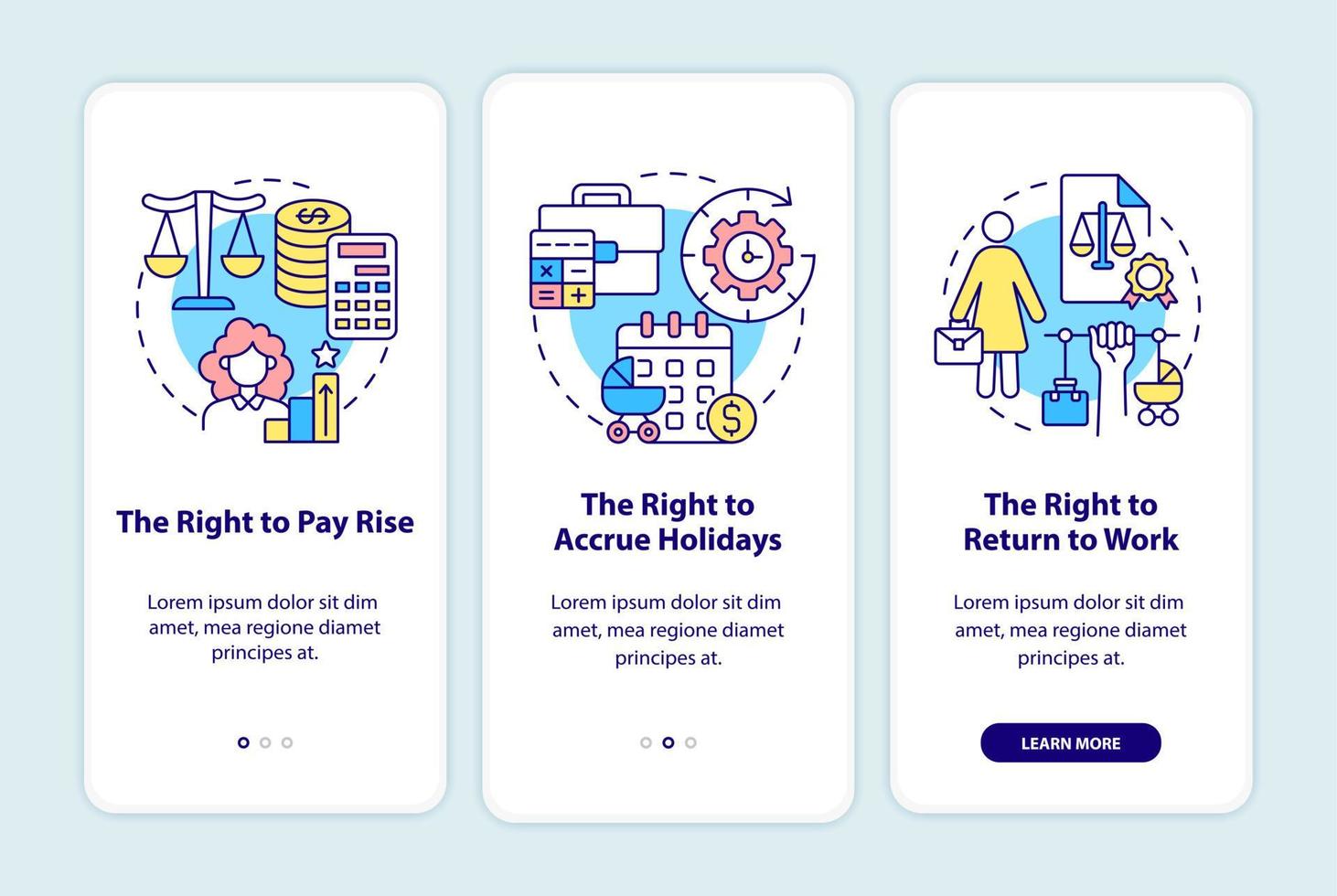 Maternity leave employee rights onboarding mobile app page screen vector