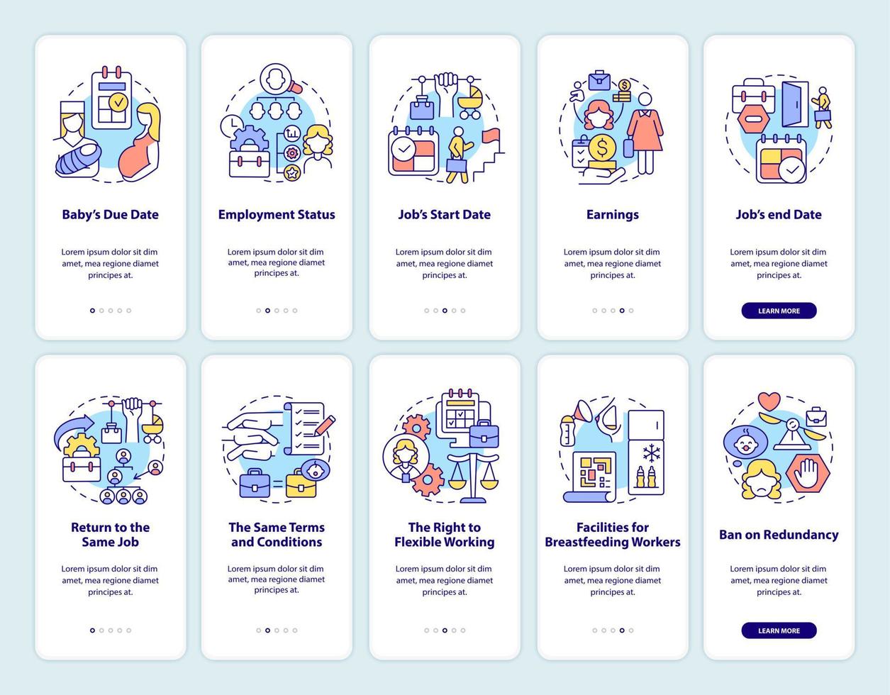 Maternity leave related onboarding mobile app page screen set vector