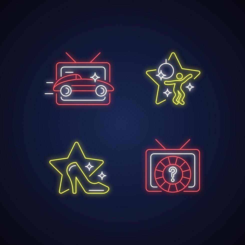 TV genres neon light icons set vector