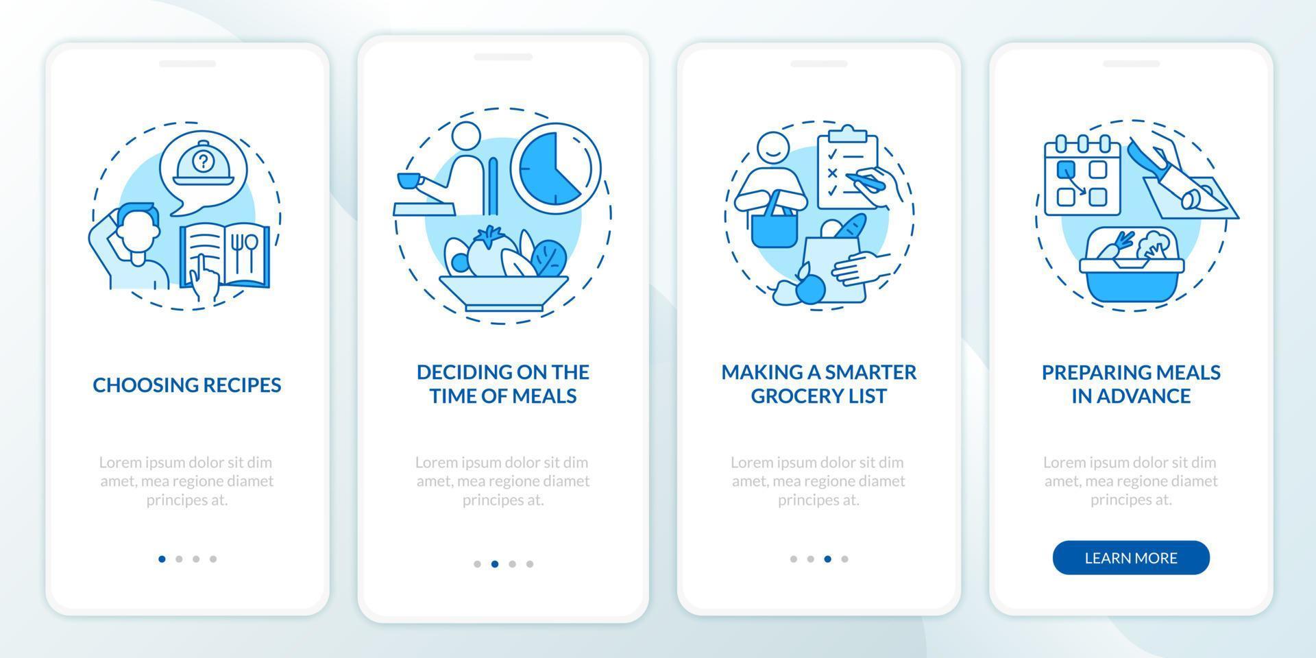 conceptos básicos de planificación de comidas pantalla azul de la página de la aplicación móvil de incorporación vector