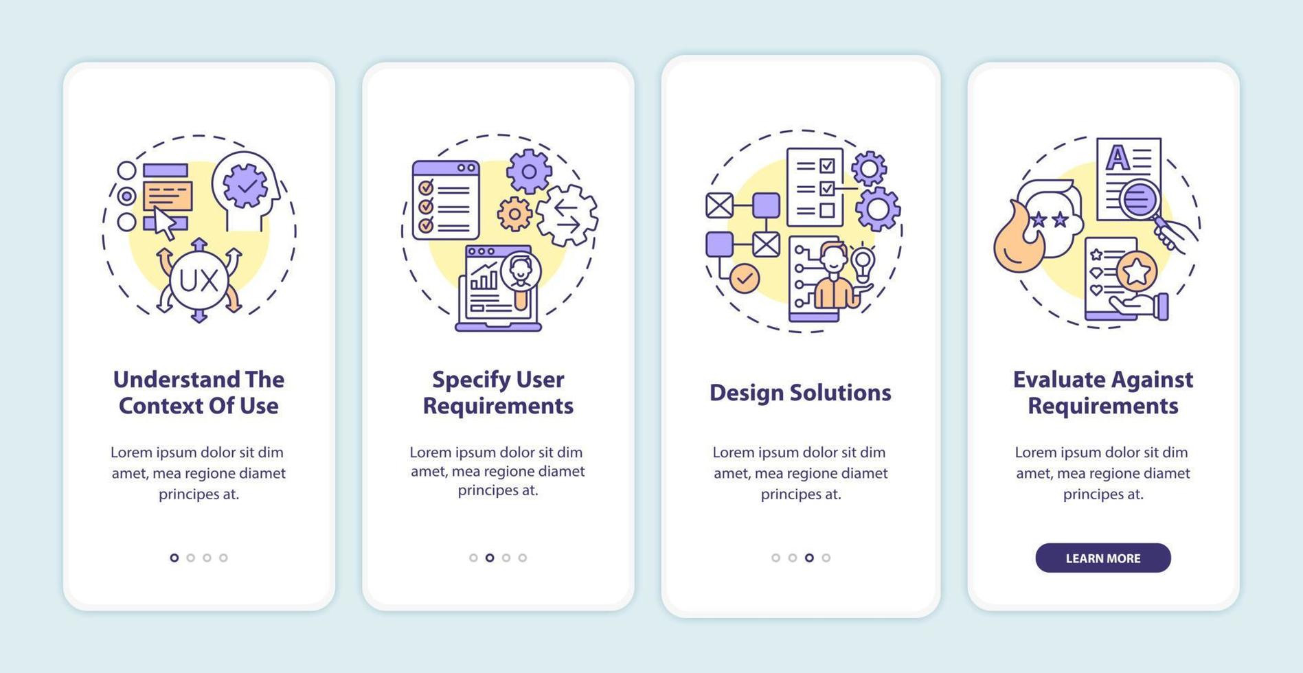 User-centered work process onboarding mobile app page screen vector