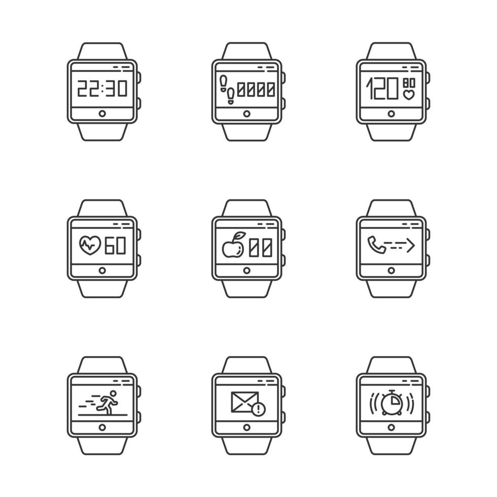 Fitness tracker functions linear icons set vector