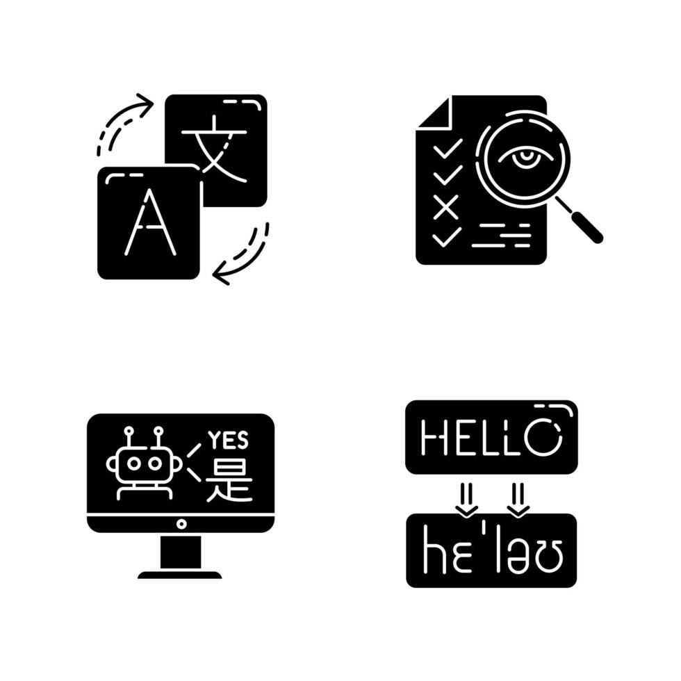 Conjunto de iconos de glifo de servicio de traducción automática vector