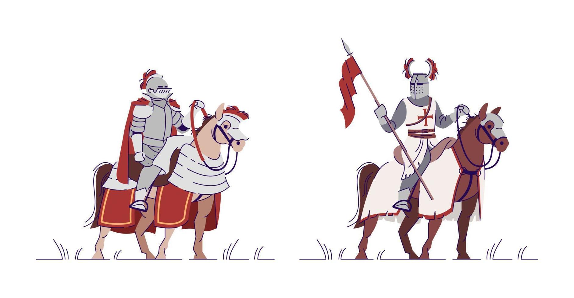 Equestrian knights flat vector illustrations set