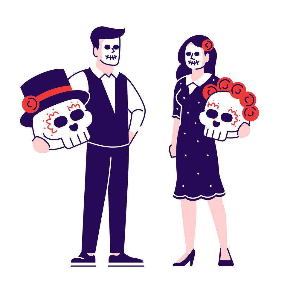 People wearing sugar scull face make up and costumes flat vector illustrations set