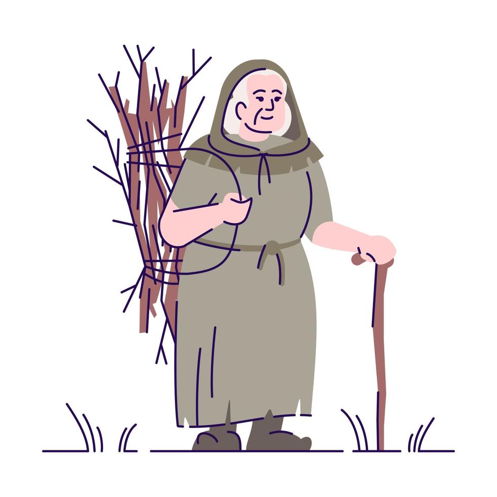 Medieval old lady with brushwood flat vector illustration