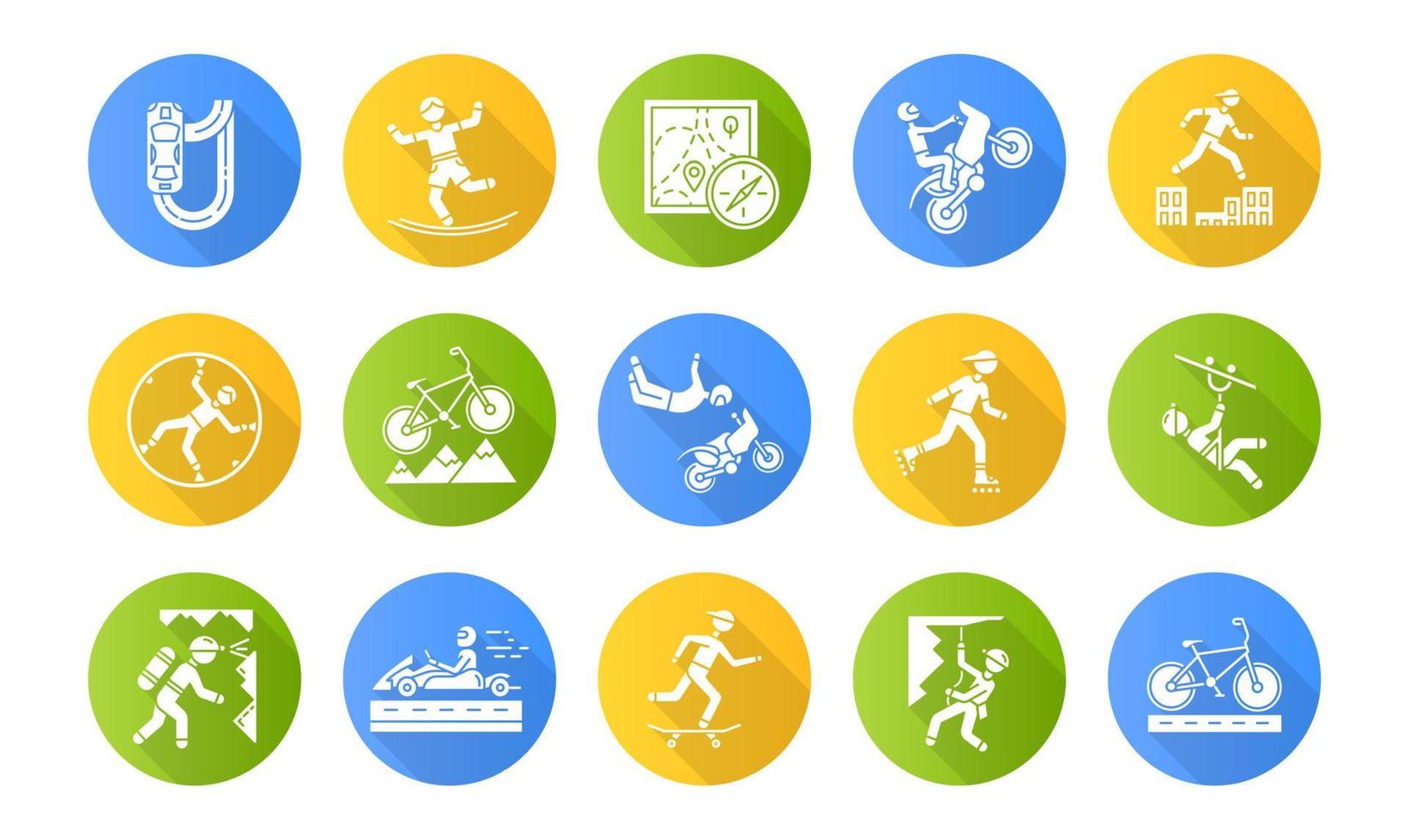 Conjunto de iconos de glifos de larga sombra de diseño plano de deportes extremos vector
