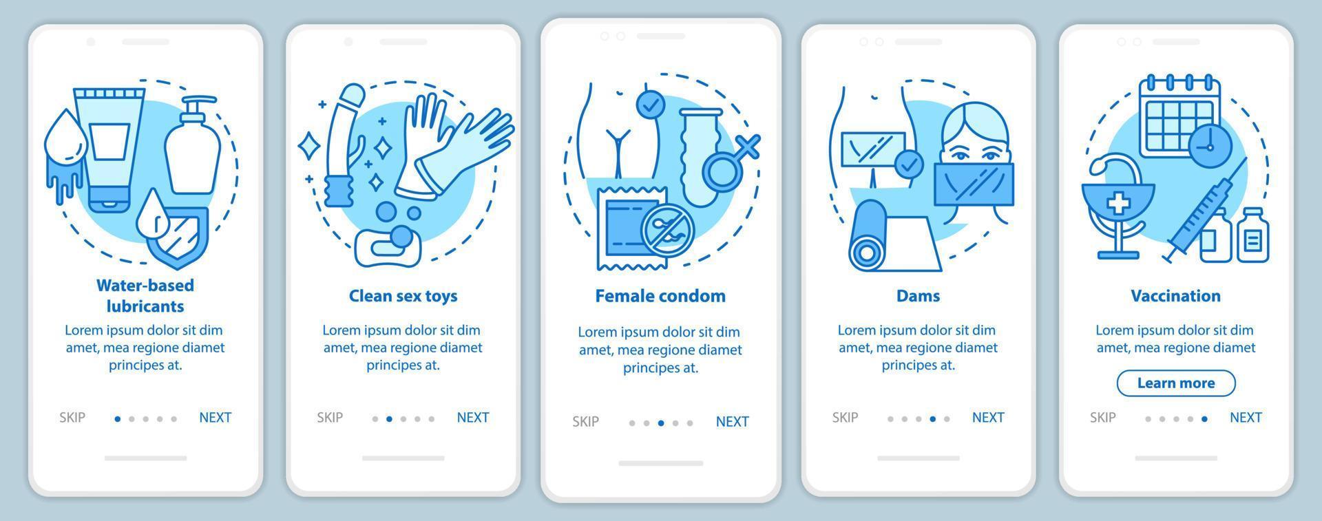 Safe sex onboarding mobile app page screen with linear concepts vector