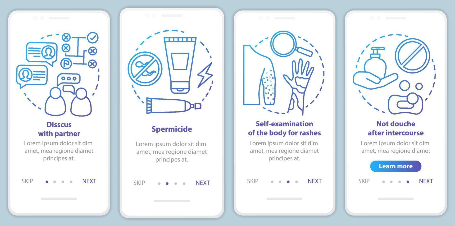 Safe sex onboarding mobile app page screen vector template