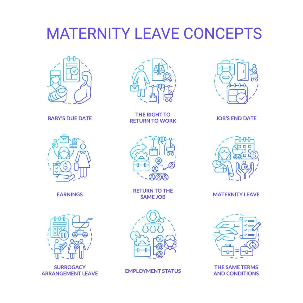 Maternity leave related blue gradient icons set vector