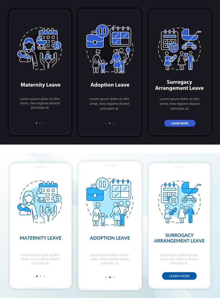 tipos de licencia de maternidad pantalla de página de aplicación móvil de incorporación oscura y clara vector