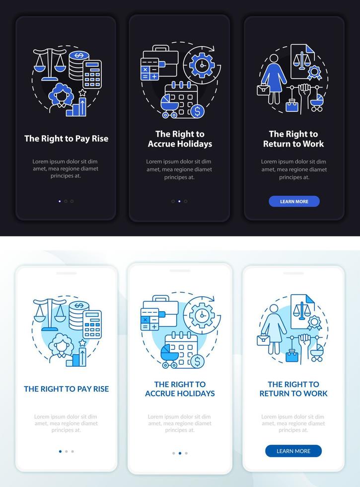 derechos de licencia por maternidad pantalla de página de aplicación móvil de incorporación oscura y clara vector