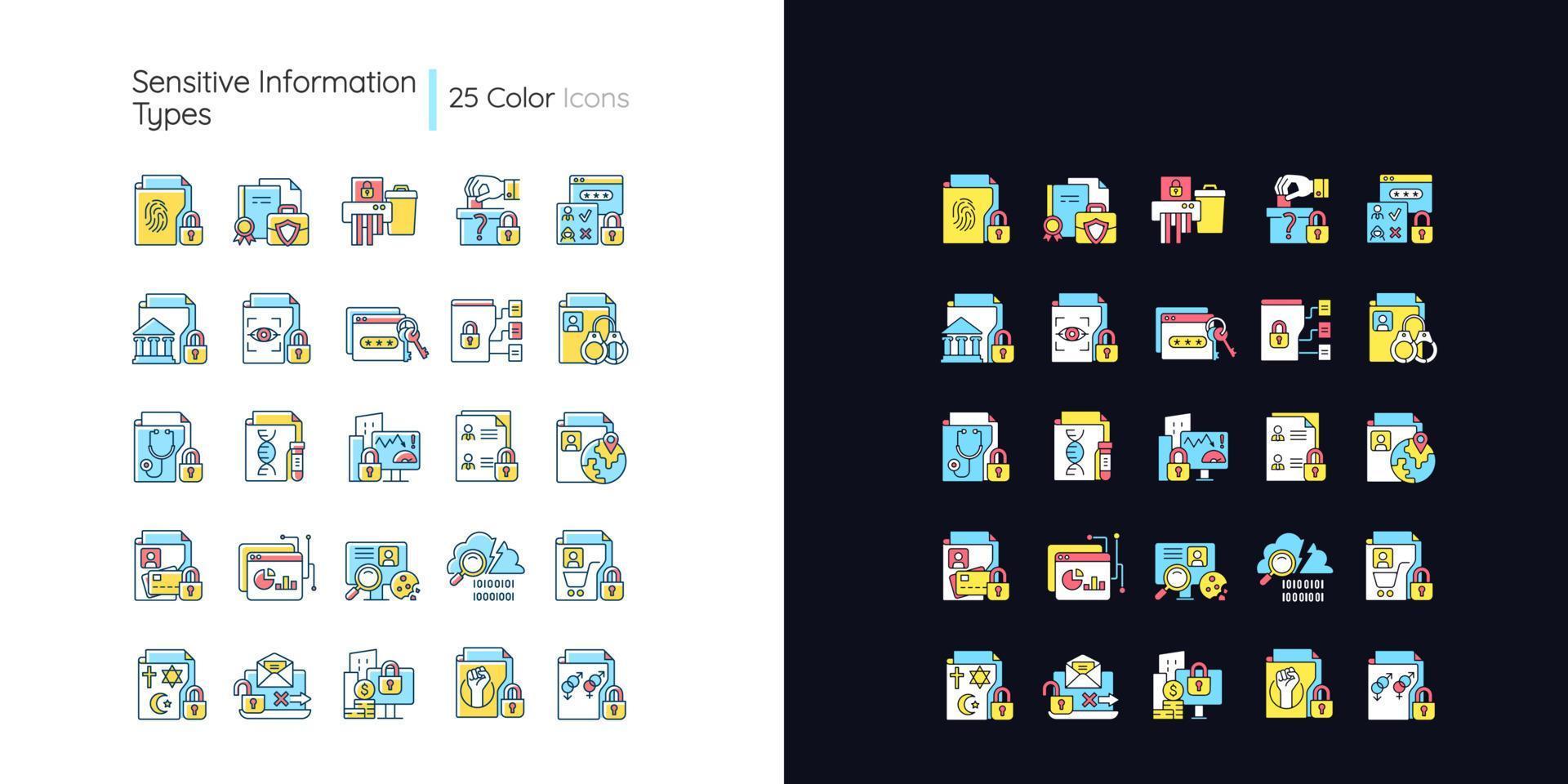 Sensitive information types light and dark theme RGB color icons set vector