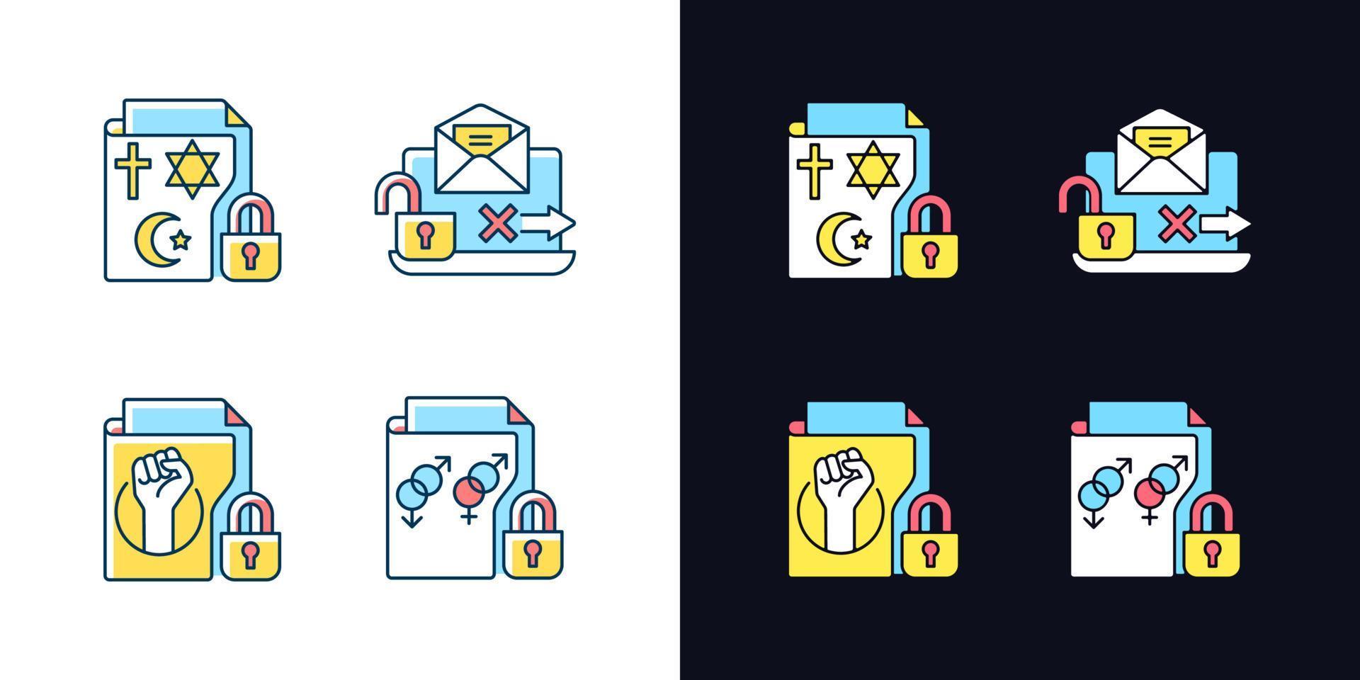 Data confidentiality light and dark theme RGB color icons set vector