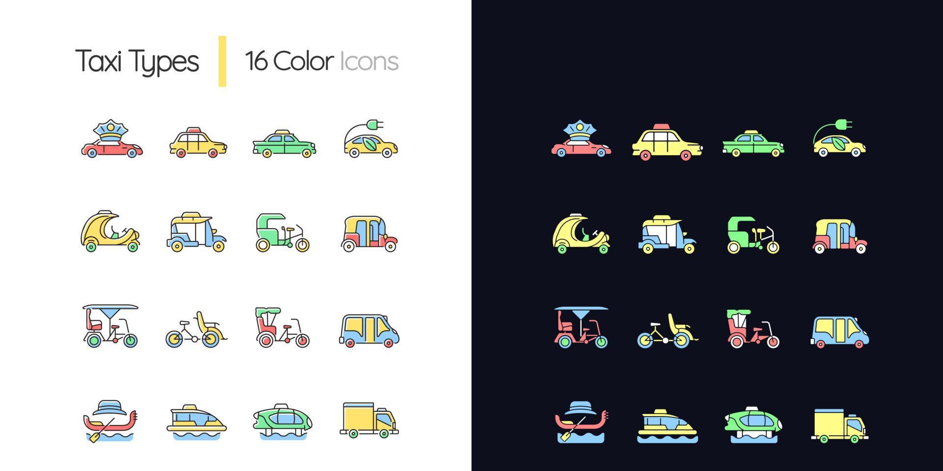 Tipos de taxi conjunto de iconos de colores rgb de tema claro y oscuro vector