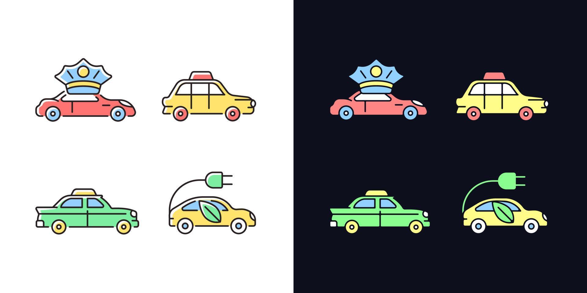 Taxi booking light and dark theme RGB color icons set vector