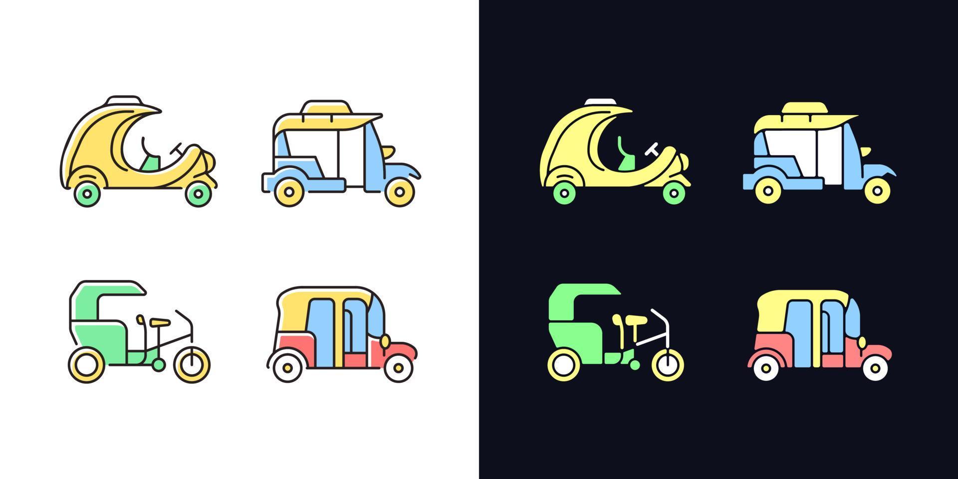 Transporting passengers business light and dark theme RGB color icons set vector