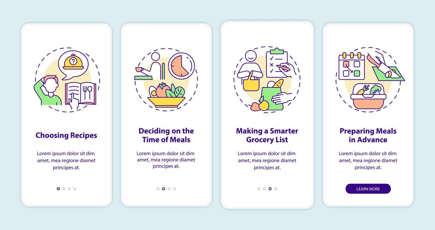 Meal planning basics onboarding mobile app page screen vector