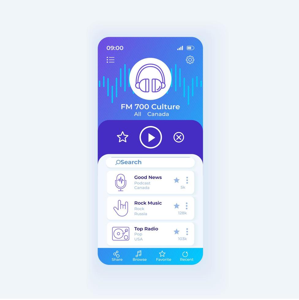 Radio application smartphone interface vector template