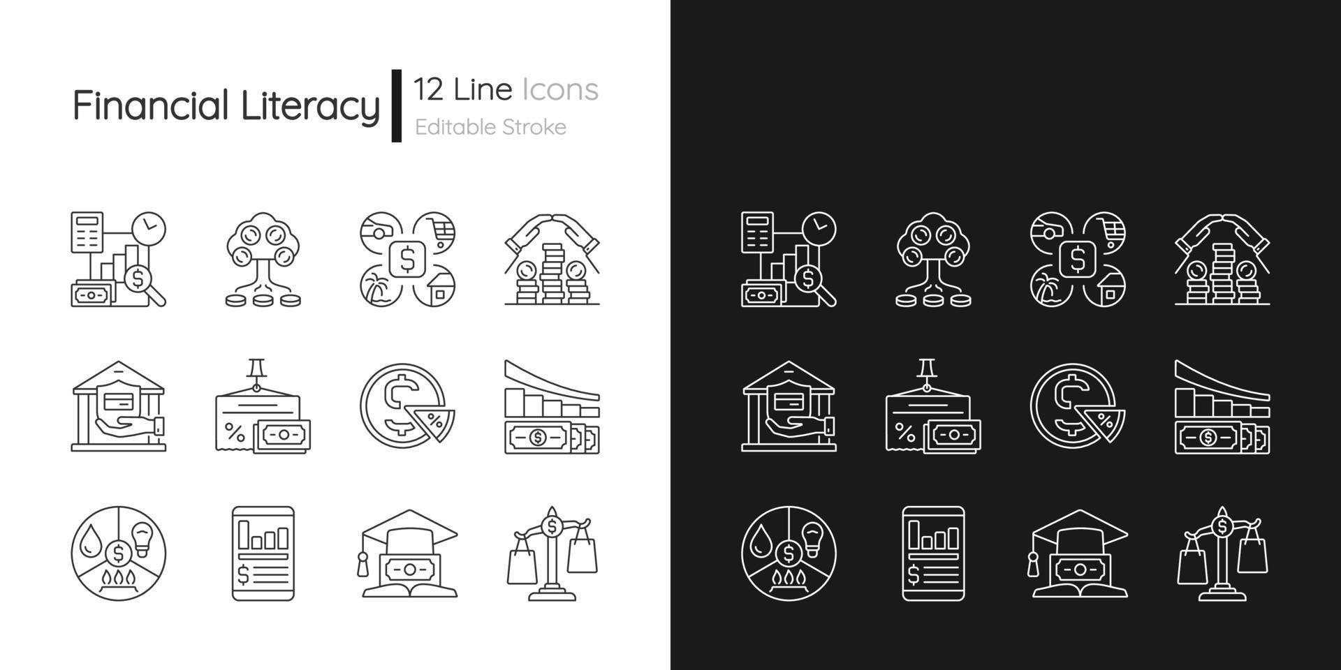 Financial literacy linear icons set for dark and light mode vector