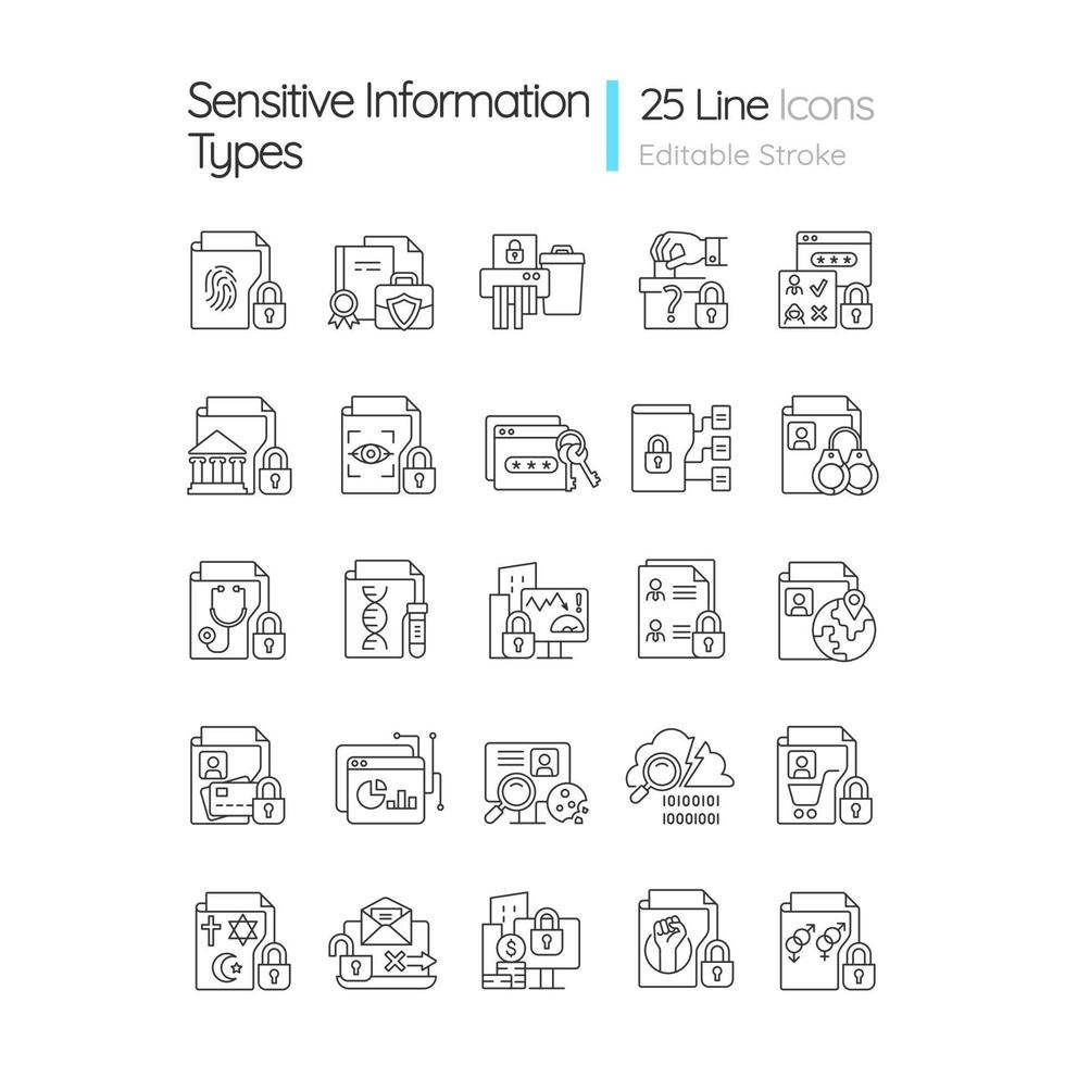 tipos de información sensible conjunto de iconos lineales vector