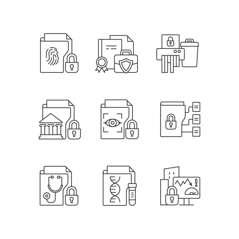 Confidential information types linear icons set vector