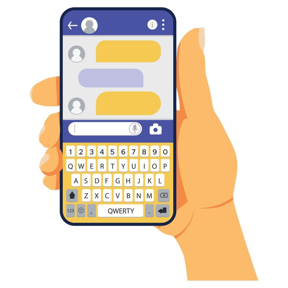 The messenger window on the phone screen. Online communication with the chatbot in the smartphone app. User interface. Vector illustration