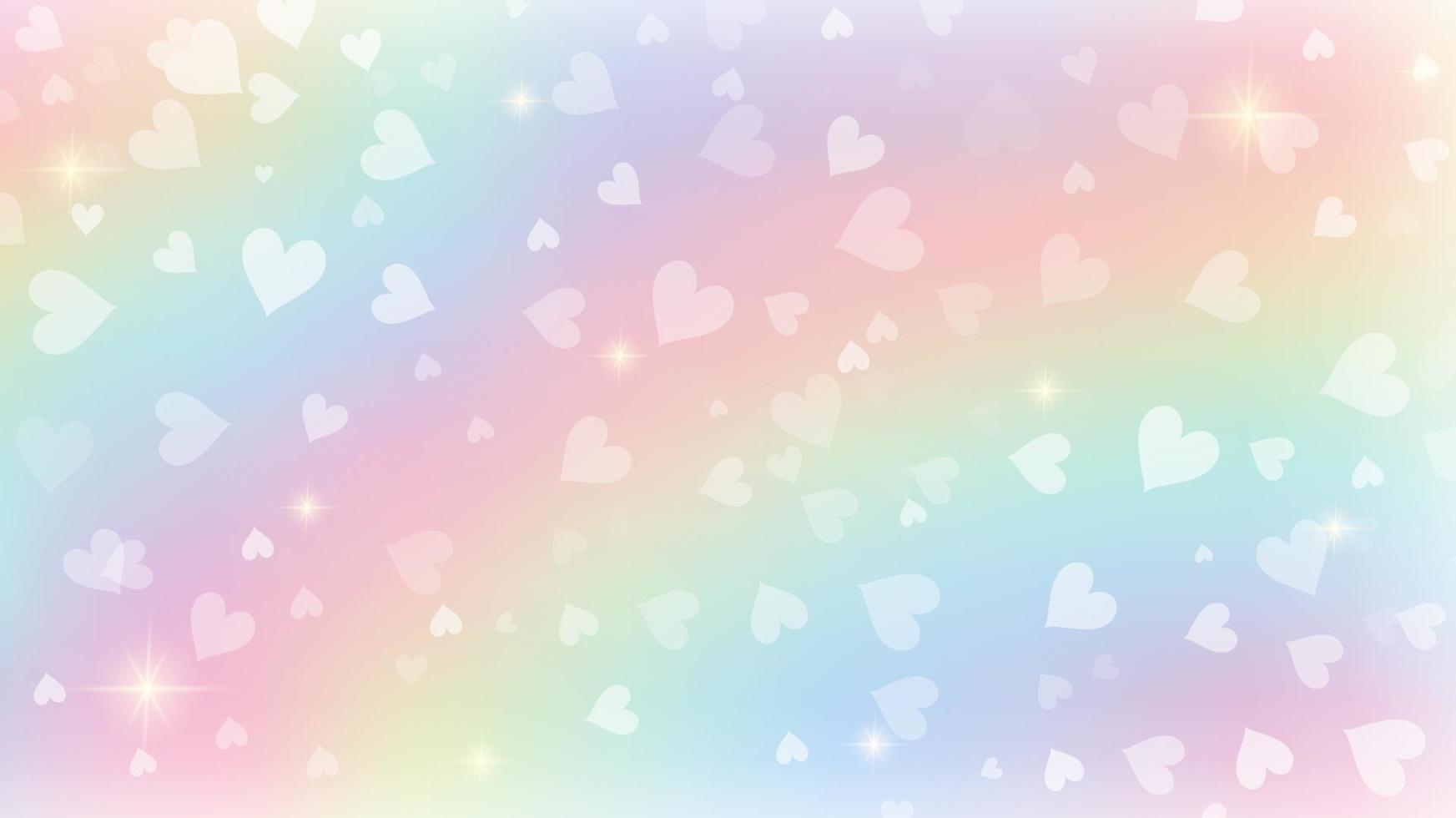 Fondo de fantasía de arco iris. Ilustración holográfica en colores pastel. Fondo femenino de dibujos animados lindo. cielo multicolor brillante con bokeh y corazones. vector. vector