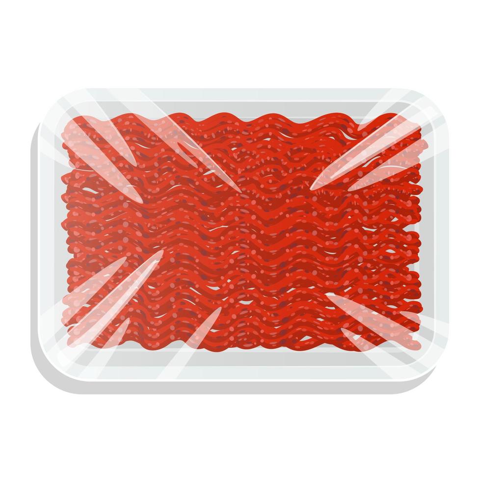 Minced meat in a plastic tray. Ground pork or beef in a vacuum pack. Vector illustration.