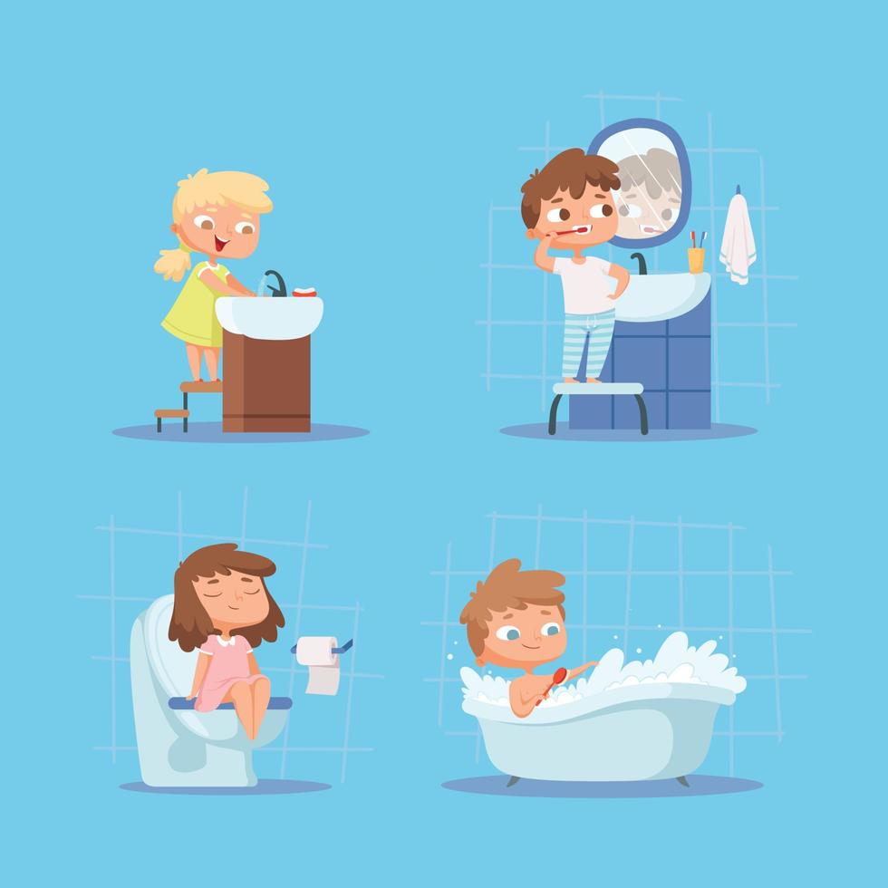 niños bañarse higiene niños lavar los dientes los dientes rutina de la mañana lavarse las manos vector dibujos animados personas