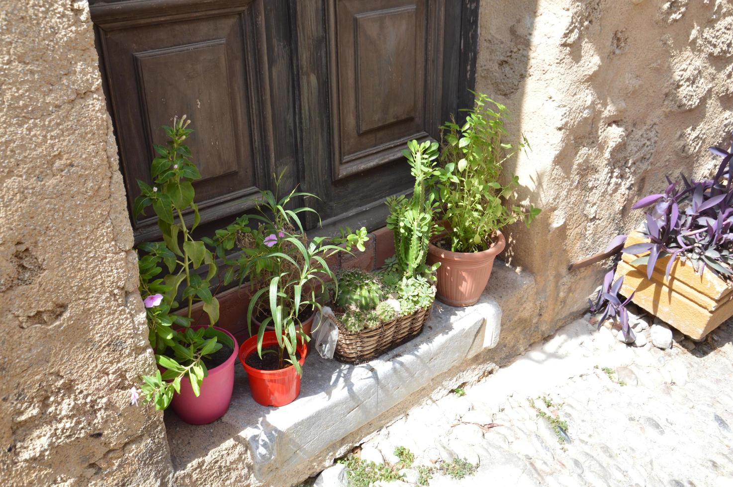 Flowers grow in clay vases on the streets of Rhodes in Greece 3564199