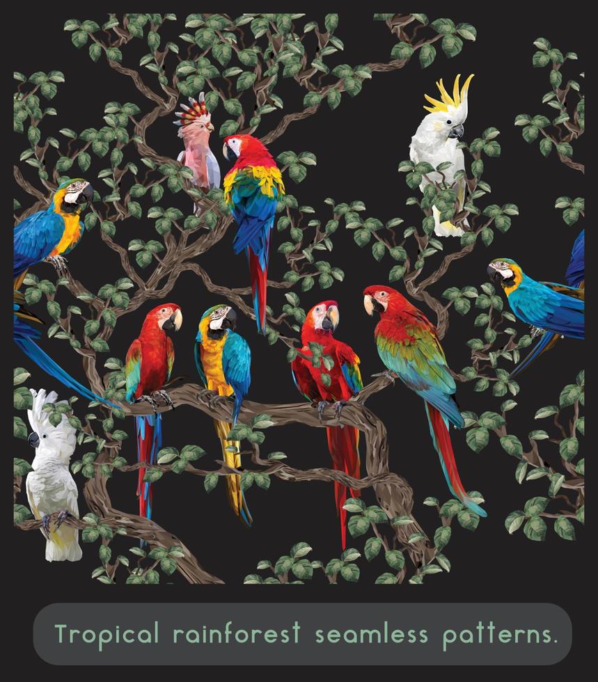 patrones sin fisuras de ilustración aves amazónicas en el árbol vector