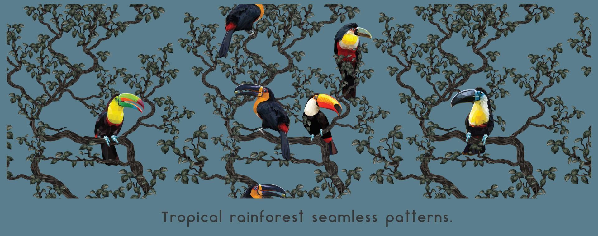 Seamless patterns tree and toucan birds vector