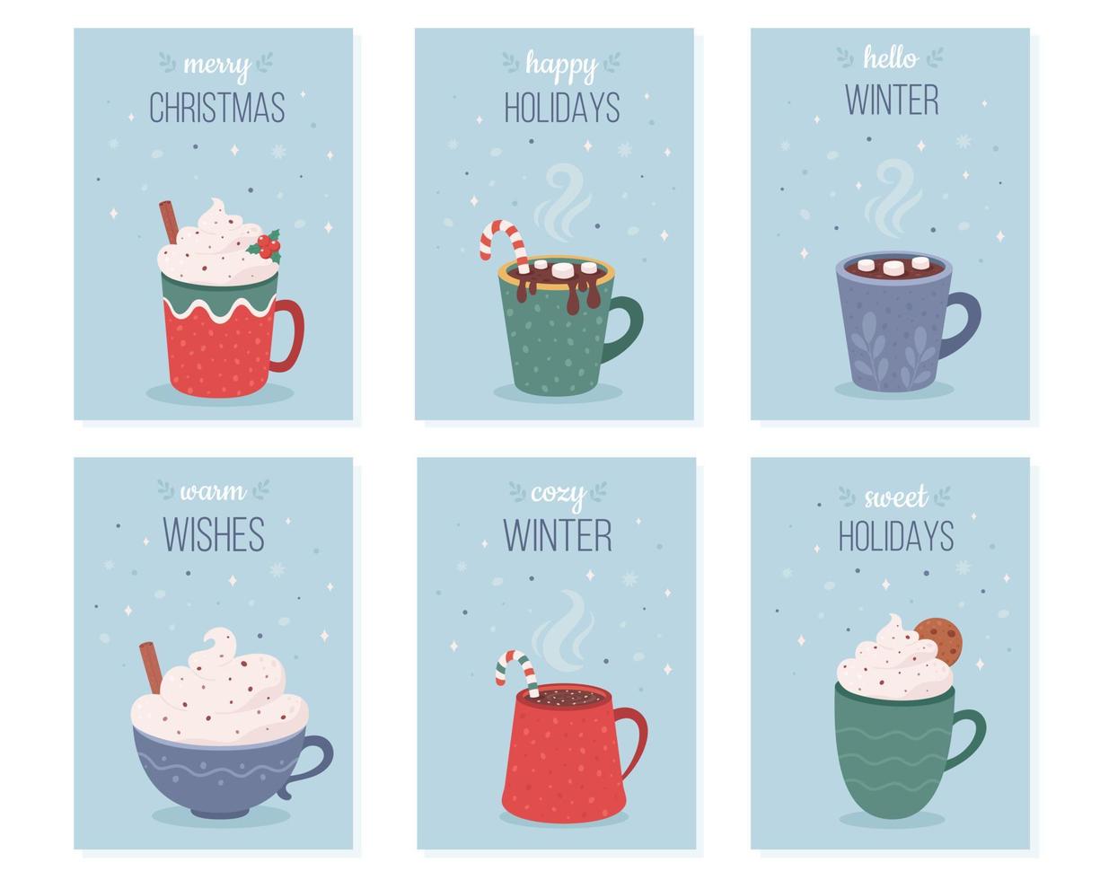 Christmas greeting cards collection. Christmas hot drinks, hot chocolate, coffee. vector