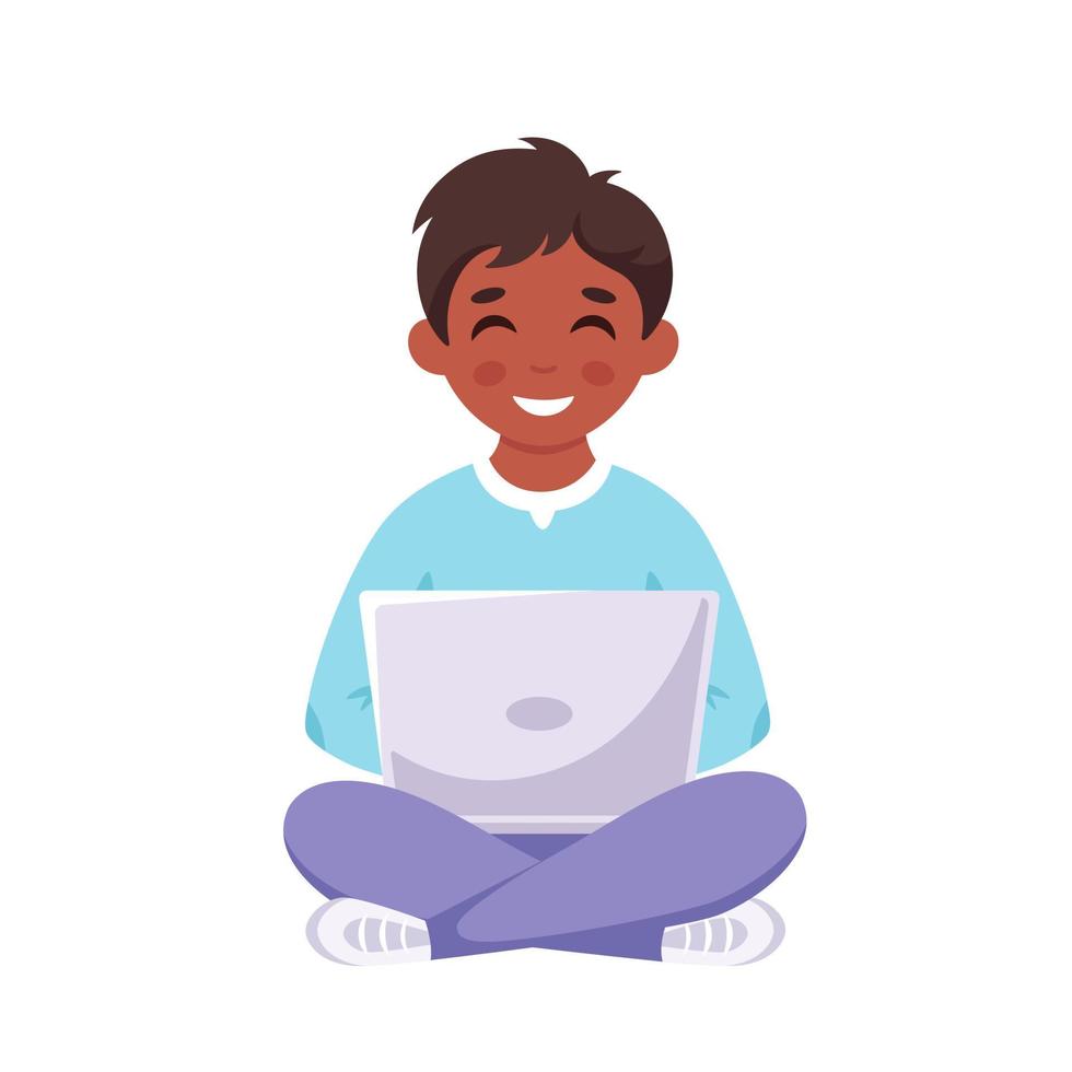 Black boy studying with laptop. Online learning, back to school concept. vector