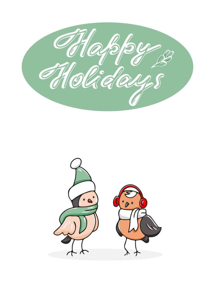 Greeting card with hand-lettering Happy Holidays and cute little doodle style birds vector