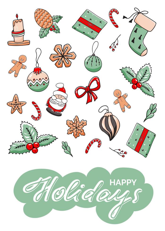 tarjeta de felicitación vertical con elementos navideños y letterig. felices vacaciones. vector